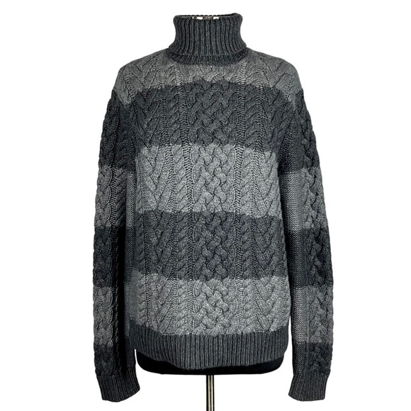 MICHAEL KORS LAMBSWOOL CONTRAST CABLEKNIT STRIPED CHUNKY KNIT TURTLENECK SWEATER - Picture 3 of 14